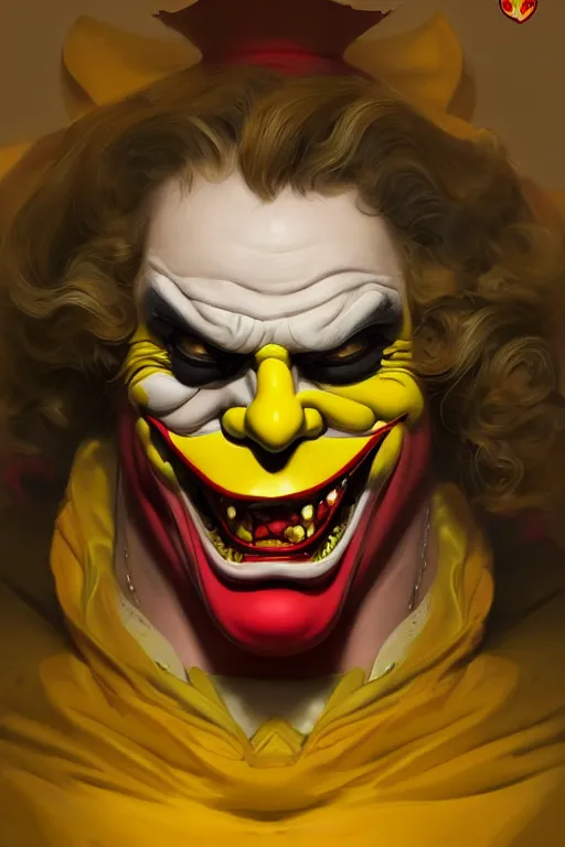 Image similar to a very fat sinister looking joker dressed in yellow and red rubber latex Ronald Macdonalds costume, fantasy, intricate and very very beautiful and elegant, highly detailed, digital painting, artstation, concept art, smooth and sharp focus, illustration, art by tian zi and WLOP and alphonse mucha