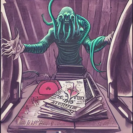 Image similar to Cthulhu as a modern day business man with a family and a drug and gambling addiction, necronomicon is the family Bible , Junji Ito and Greg rutkowski, psychedelic , 50s style infomercial , award winning , retro futuristic