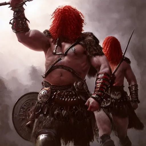 Image similar to bulky muscular scottish warriors with red hair, tribal blood red war paintings, waist plate armor, 4 k oil on linen by wlop, artgerm, andrei riabovitchev, nuri iyem, james gurney, james jean, greg rutkowski, highly detailed, soft lighting 8 k resolution