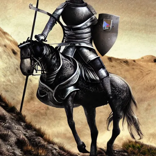 Prompt: a medieval knight riding a mountain bike in photorealistic style