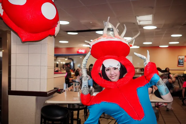 Prompt: cosplayer dressed like a cute crab, in 2 0 1 8, at an arbys, crabcore, royalcore, low - light photograph, photography by tyler mitchell