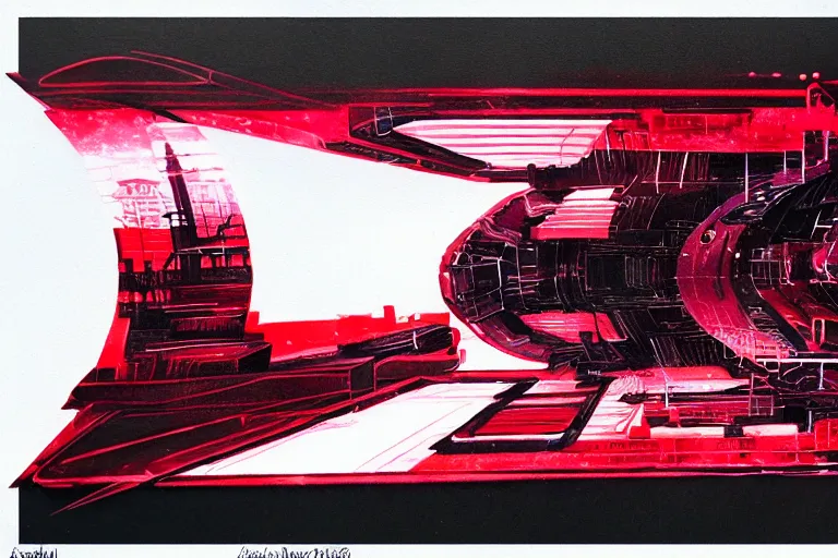 Prompt: futuristic, cyberpunk, martian architecture, minimalistic ink and red airbrush painting on white background, black outline