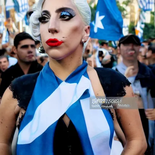 Image similar to Lady Gaga as Evita, Argentina presidential rally, Argentine flags behind, bokeh, epic photo, detailed face, Argentina