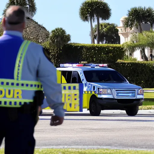 Image similar to mar-a-lago, multiple fbi agents carrying boxes, police tape, police suburbans