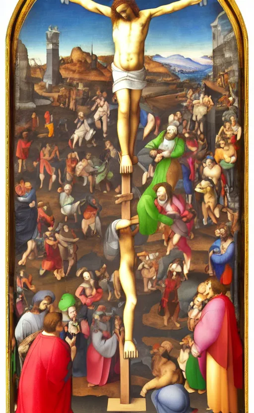 Image similar to mond crucifixion by raphael with mario and luigi