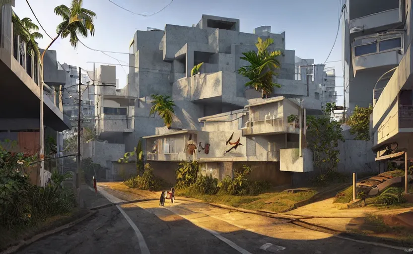 Prompt: a contemporary modernist favela environment, many wild animals, simplicity, minimalist, elegant, glass panes, billboards, glowing lights, soft ambient lighting, photorealism, unreal engine, art by michael whelan and chris moore and howard david johnson and tim white and dan giancola