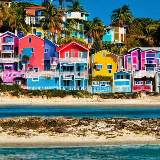 Prompt: colorful houses by the beach