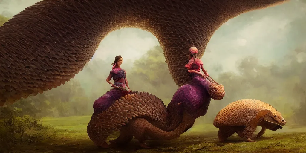 Image similar to rosalia riding a pangolin, colorful, contrast, depth of field, 3 d scene, render, greg rutkowski, zabrocki, karlkka, jayison devadas, trending on artstation, 8 k, ultra wide angle, zenith view, pincushion lens effect