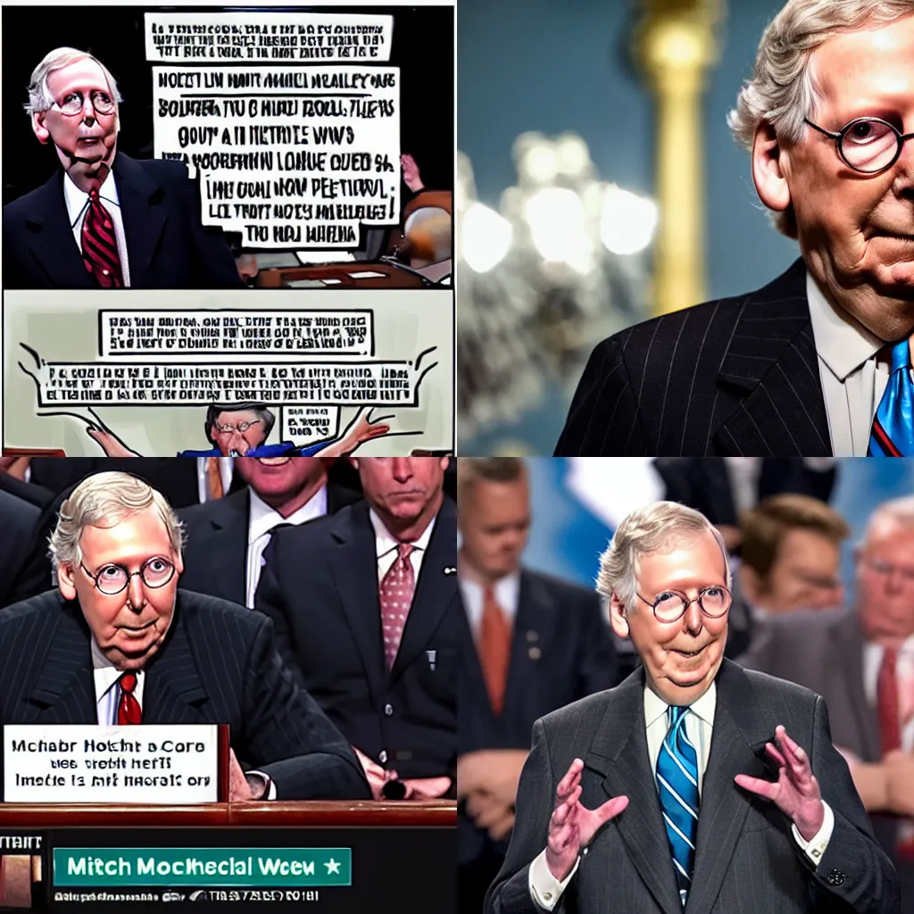 Prompt: Mitch McConnell making it rain, social media, twitter post, viral news, cell phone picture, dollar bills,