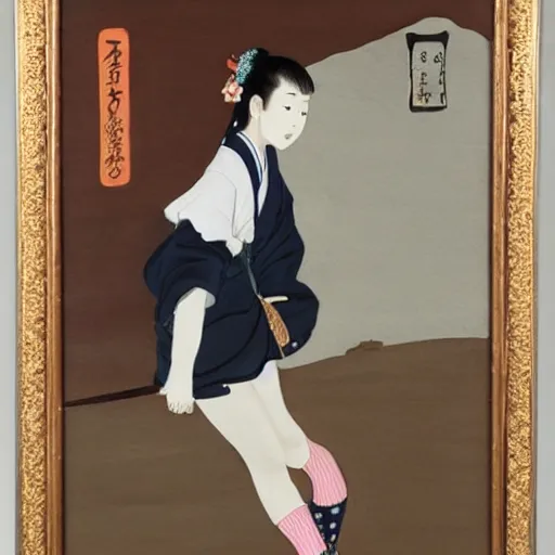 Image similar to a painting of Japanese schoolgirl, clothed, stylish