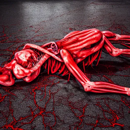 Prompt: a deeply-red gory structure of intertwined decaying muscles, eyes, and intestines lying in a pool of clotting blood on a cold concrete floor, slowly engulfing its surroundings with twitching veins, dark hazy room, a high-quality photo, hyperrealistic, in color