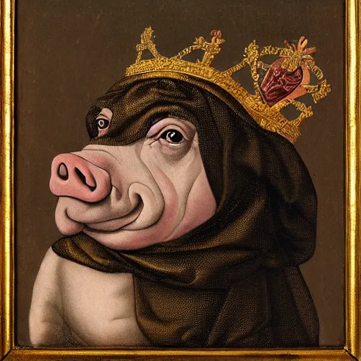 Image similar to a renaissance style portrait of a pig (Sus domesticus) wearing a crown and a cape, dark background