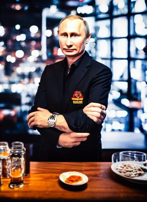 Prompt: a professional photo of person looking like vladimir putin sitting on bar, hand on table, rolex watches, taken in night club, blur background