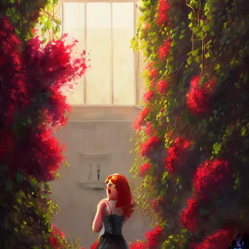 Image similar to red hair girl, chernobyl powerplant, disneyland castle, rubble, flowers, vines, hyperrealistic, highly detailed, cinematic, single ray of golden sunlight, beautiful, cgssociety, artstation, 8 k, oil painting by greg rutkowski, by artgerm, by wlop