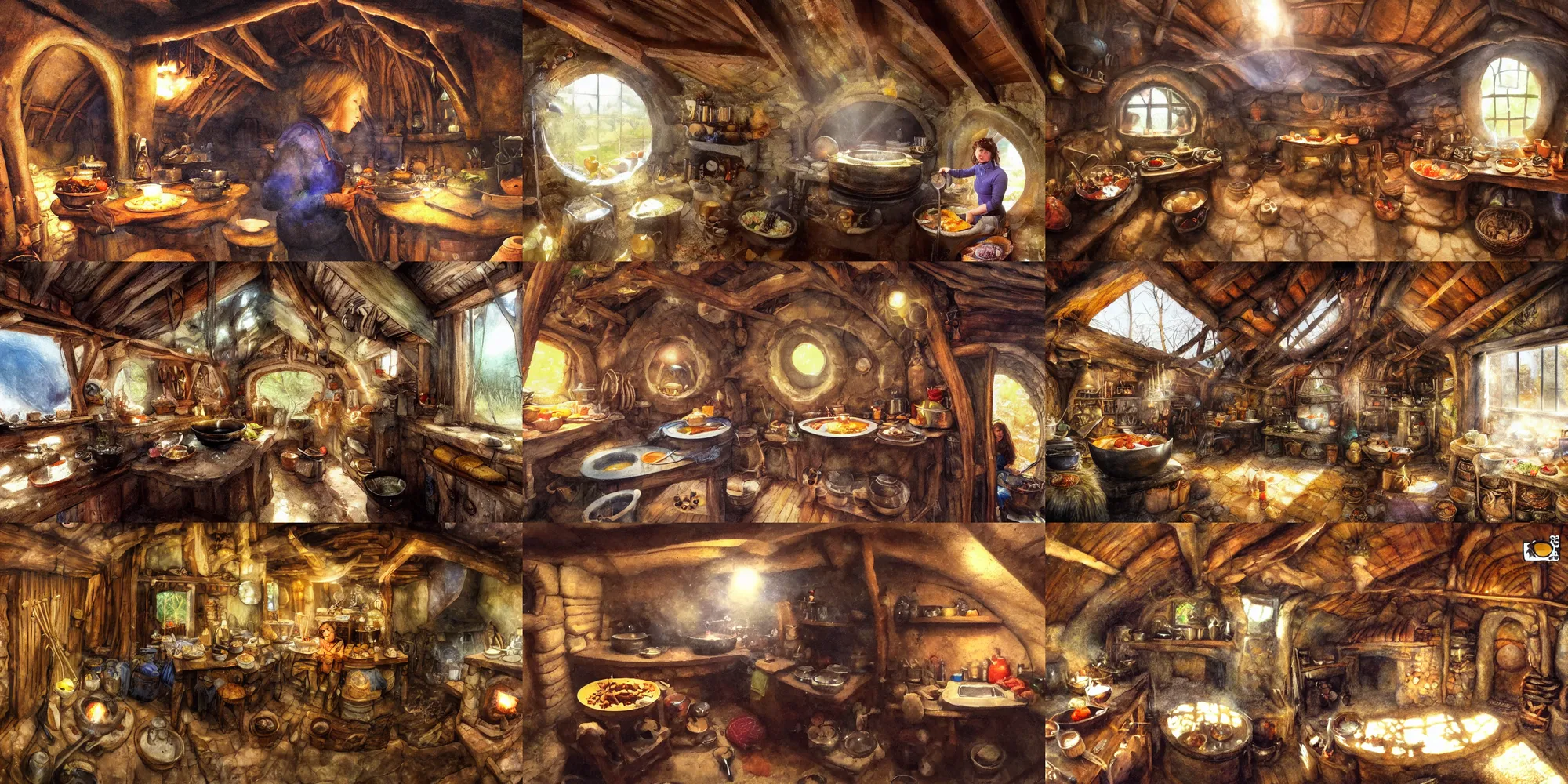 Prompt: gopro video capture from a hobbit cooking inside her hobbit hole home, by alan lee, art station, dust flickers in beams of light from the windows, finely detailed cookware, warm colors, snowfall outside, oil painting