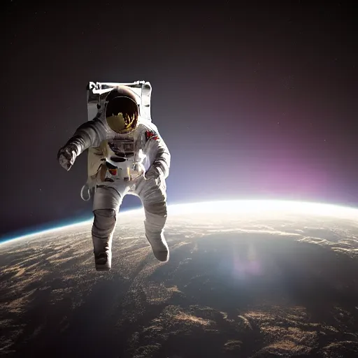 Prompt: photograph of an astronaut, dramatic downlit, against the absolute darkness of space, full body photo,, 8 k