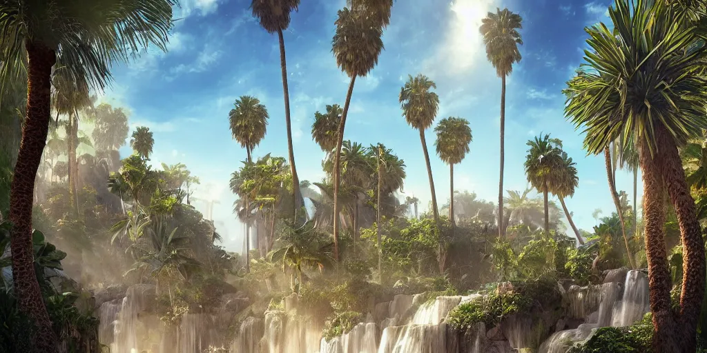 Image similar to beautiful oasis waterfalls surrounded by palm trees, moroccan tile archways, date trees, ivory towers, sun setting, ross tran, nephilim, pyroclastic flow, ethereal, fantasy, james jean, oozium, peter morbacher angelarium alchemy luxury heavenly light soft illumination, trending on artstation, cinematic lighting, digital painting, octane render, artgerm