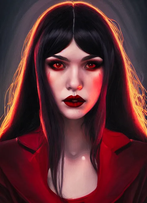 Image similar to portrait of vampire veronica lodge with bangs, vampire fangs, vampire, long hair, red clothes, bangs, vampironica, intricate, elegant, glowing lights, highly detailed, digital painting, artstation, concept art, smooth, sharp focus, illustration, art by wlop, mars ravelo and greg rutkowski