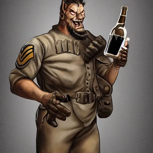 Image similar to a humanoid german shepherd beast - man in military style, holding a bottle of beer, artstation, concept art, smooth, sharp foccus ilustration, artstation