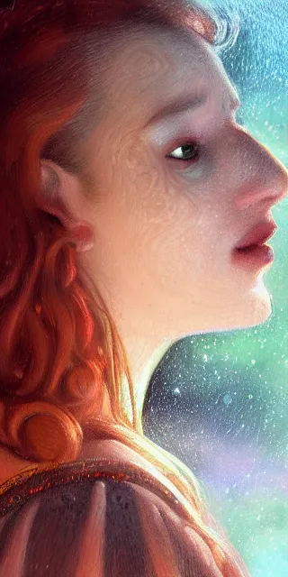 Image similar to infp young woman, smiling amazed, golden fireflies lights, full covering intricate detailed dress, amidst nature, long red hair, accurate linework, green eyes, small nose with freckles, oval shape face, realistic, expressive emotions, dramatic lights, hyper realistic ultrafine art by artemisia gentileschi, caravaggio, jessica rossier, boris vallejo