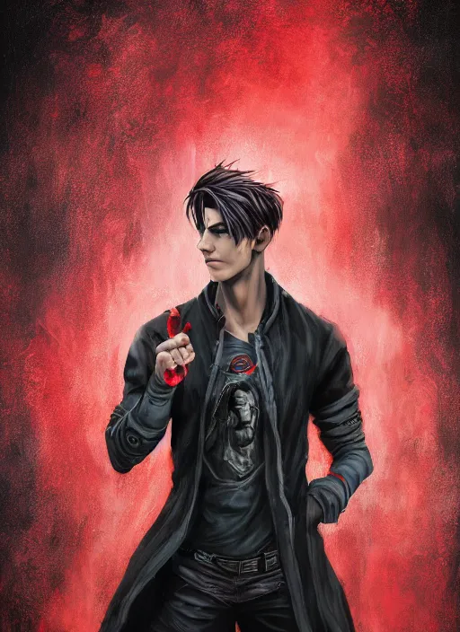 Image similar to An epic fantasy comic book style portrait painting of a young man with black and red cowlick undercut haircut, wearing a red shirt, black overcoat, blue jeans. Unreal 5, DAZ, hyperrealistic, octane render, cosplay, RPG portrait, dynamic lighting