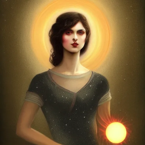 Image similar to the designer of the universe, woman holding a bright ball in her hand, in the style of tom bagshaw