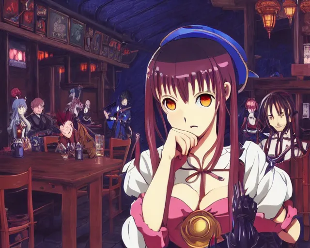 Image similar to anime visual, portrait of a young female in a busy fantasy medieval tavern interior at night, face by yoh yoshinari, murata range, last exile, blue submarine no 6, dynamic pose, dynamic perspective, detailed silhouette, rich texture, seven deadly sins anime, flat, anime cels, matte color, flat lighting on face, rounded eyes