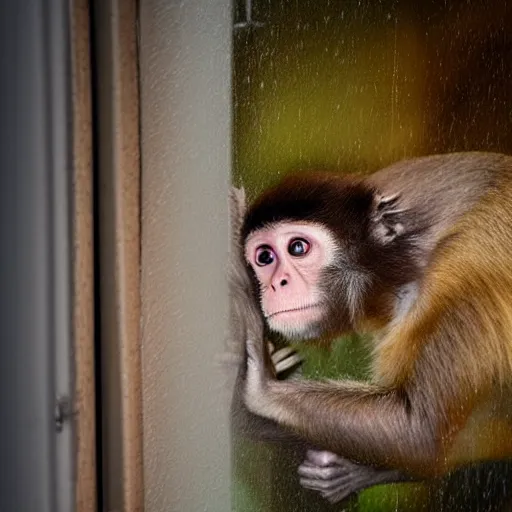 Image similar to capuchin monkey sleeping in train compartment room, rainy window, night time, night, midnight, 3 0 mm photo