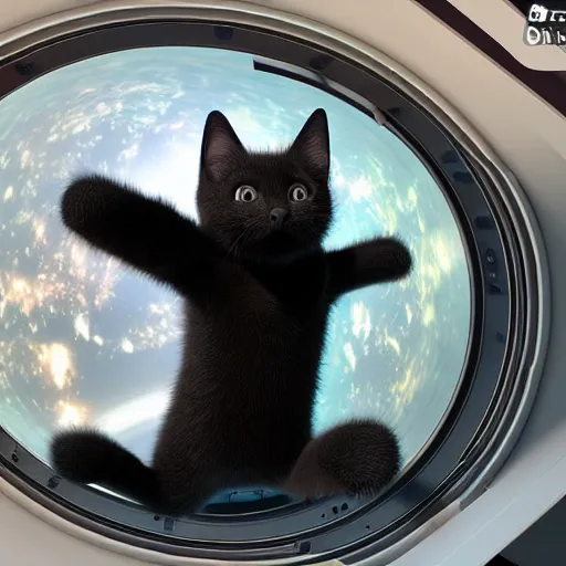 Image similar to black kitten inside international space station, artstationhd, cinema 4 d, cgsociety, octane render, trending on artstation, unreal engine, detailed fur