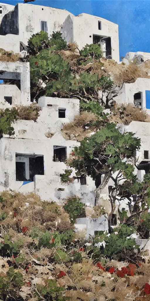 Prompt: overgrown ruins of santorini, painting by ashley wood