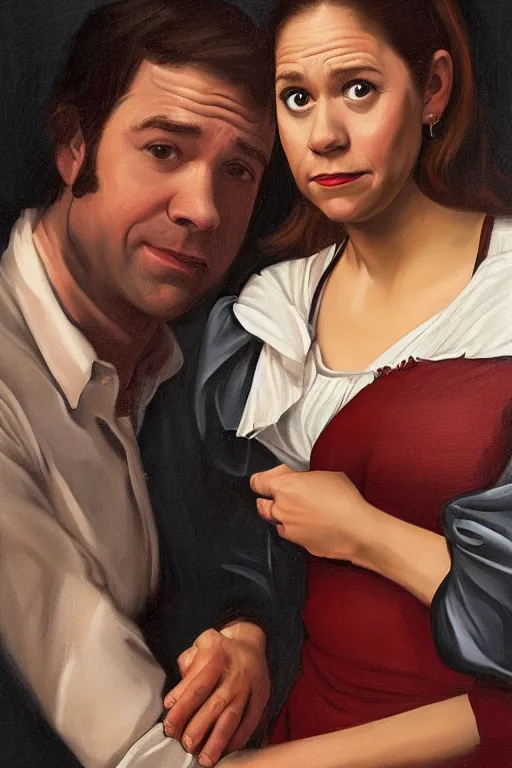 Prompt: portrait painting of jim halpert and pam beesly, in the style of caravaggio