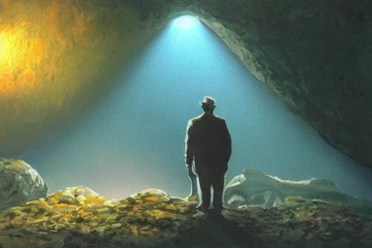 Prompt: A beautiful painting of a lone man with weak flashlight in huge dark underground cave