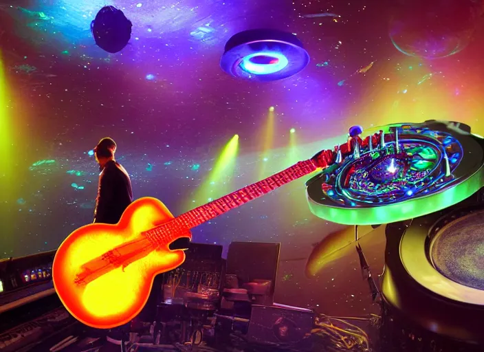 Prompt: strange surrealist detailed alien electronic-musical-instruments!! and acoustic-musical-instruments!! with blinking LEDs, backlit fog, space station lounge setting, photorealistic, studio lighting, 8k, hd