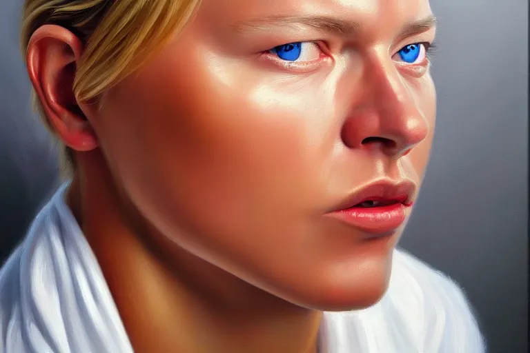 Image similar to ( ( a beautiful 8 k photorealistic masterpiece oil painting ) ( of ( shy mika hakkinen ) ( finnish painting ) ) ( hyperrealism ) ( 1 6 k ) ( trending on artstation )