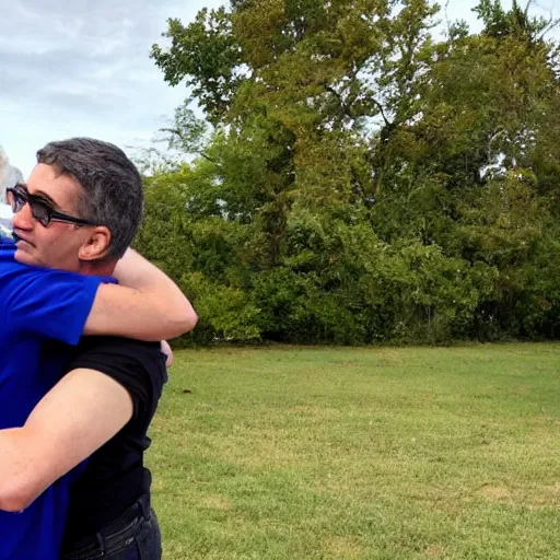 Prompt: a very tall middle aged white man hugging a very short young latino man