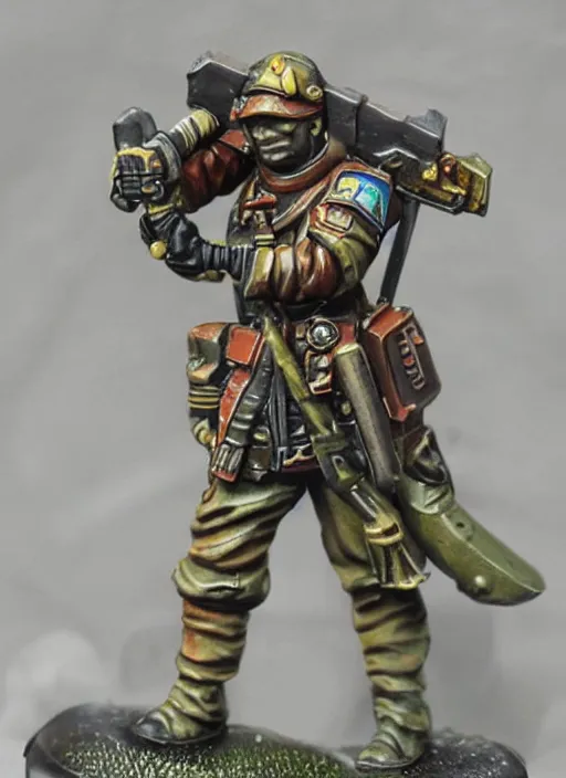 Image similar to 8 0 mm resin detailed miniature of a warhammer 4 0 k wounded catachan soldier, carrying huge sniper, product introduction photos, 4 k, full body