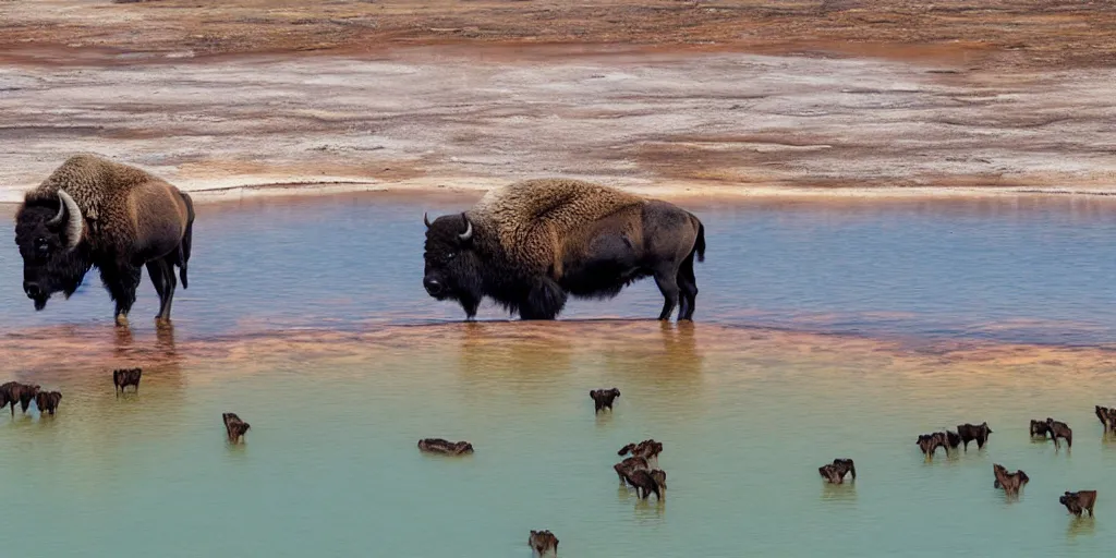 Prompt: bison and wolves swimming in grand prismatic spring