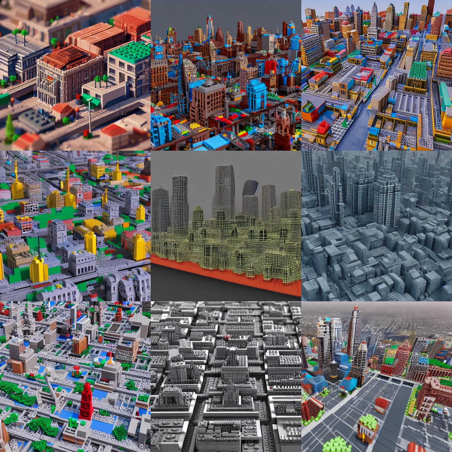 Prompt: A 3D rendering of a cityscape, made entirely of Lego bricks. vray, photorealistic, Octane Render.