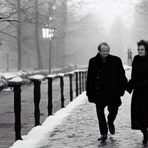 Image similar to Olof Palme and his wife peacefully strolling down Sveavägen in Stockholm a winter evening in 1986