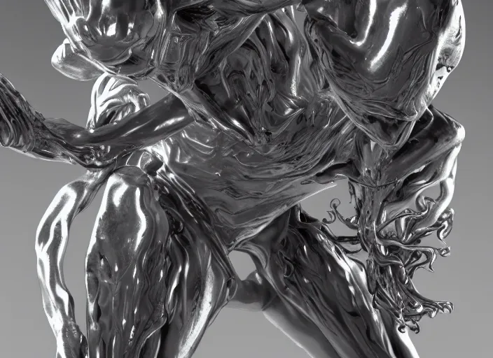 Prompt: stylized shiny polished silver statue full body extra limbs bizarre cosmic horror demonic demon made of marble of slug creature tendrils, perfect symmetrical body, perfect symmetrical face, hyper realistic, hyper detailed, by johannen voss, by michelangelo, octane render, blender, 8 k, displayed in pure white studio room