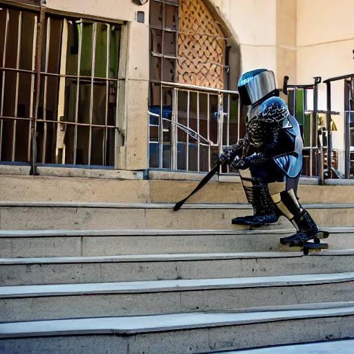 Prompt: A knight in heavy armor doing a kickflip off of a stair rail, 90's video recording, downtown L.A.