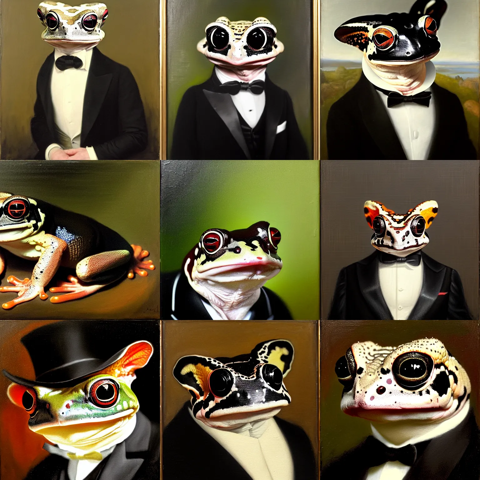 Prompt: a head - and - shoulders portrait of an amazon milk frog wearing a black tuxedo, an american romanticism painting, a portrait painting, cgsociety, soft focus, oil on canvas