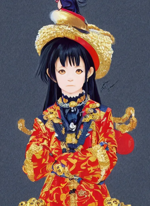 Prompt: a portrait of a chimpanzee, digital painting by ilya kuvshinov, wearing an ornate outfit and hat, by reiq, by takeshi obata, hiromu arakawa, masashi kishimoto, tite kubo, yusuke murata, masashi ando, 4 k wallpaper, masterpiece, gorgeous, stunning