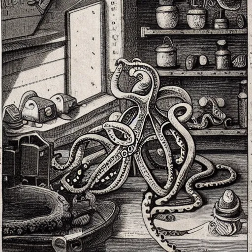 Image similar to a realistic octopus in a car repair shop, engraving, ink, 1 7 th century