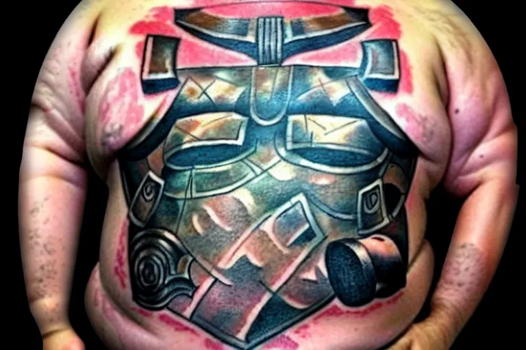 Prompt: world's ugliest tattoo of Mjölnir on a fat man's belly