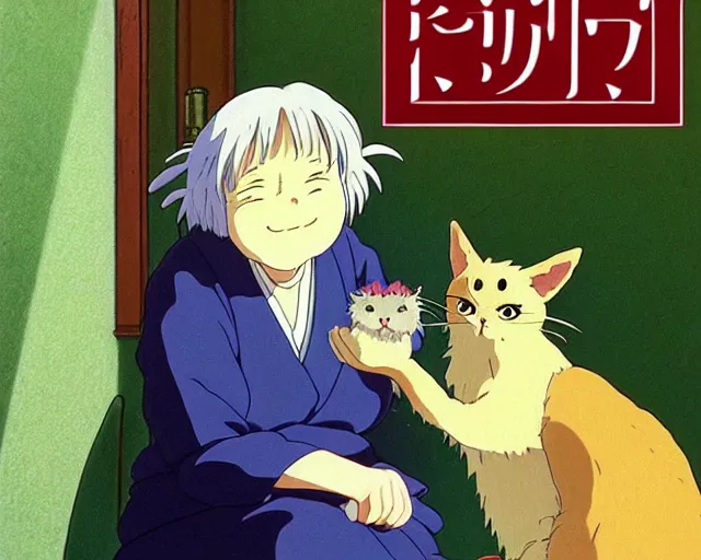 Prompt: anime fine details portrait of a joyful old lady and her plant cat, by Studio Ghibli and Edward Hopper. 8k, sharp high quality classic anime from 1990 in style of Hayao Miyazaki