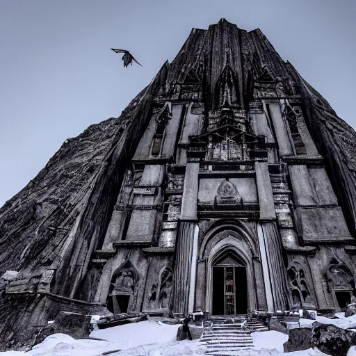 Image similar to photograph of an intimidating and mysterious cathedral built into the side of a Himalayan mountain at a high elevation, designed by I.M. Pei and Giger, cinematic lighting, dramatic masterpiece, magic hour, vultures flying in sky