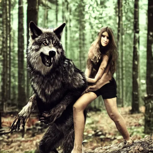 Image similar to ! werecreature consisting of a! human and wolf, photograph captured in a forest