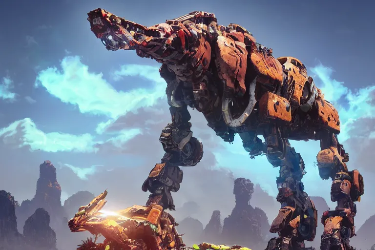 Image similar to clamberjaw machine mecha animal beast robot of horizon forbidden west horizon zero dawn bioluminiscence global illumination ray tracing hdr fanart arstation by sung choi and eric pfeiffer and gabriel garza and casper konefal