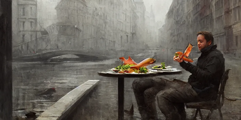 Prompt: journalist in oslo eating a trout, art by greg rutkowski